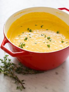 a red pot filled with soup sitting on top of a counter next to a sprig of parsley