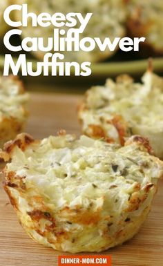 cheesy cauliflower muffins on a cutting board with text overlay