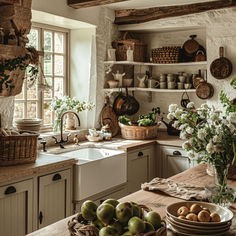 a kitchen filled with lots of counter top space next to a sink and window covered in plants