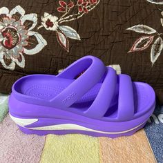 Nwot., Rubber, Platform Sandal. Came In The Mail, With The Package Open And Missing The Left Shoe. Please See Photos For Added Info. White Eva Slides, Purple Synthetic Slides With Round Toe, Casual Purple Synthetic Slides, Purple Slip-on Beach Slides, Purple Slip-on Slides For The Beach, Purple Slip-on Slides For Beach, Comfortable Purple Synthetic Sandals, Purple Synthetic Slides For Spring, Casual Purple Wedge Sandals For Summer