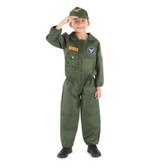 a young boy in an army uniform saluting with his hand on his head and smiling at the camera