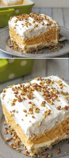 there are two pictures of a cake with frosting and pecans on top