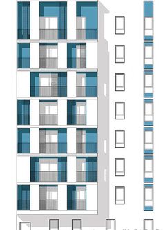 an architectural drawing of a tall building with balconies on the top and bottom floors