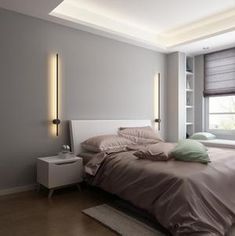 a bedroom with a bed, nightstand and window