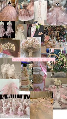 a collage of pink and white wedding decorations