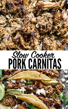 slow cooker pork carnitas with limes and cilantro on the side