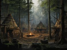 an artist's rendering of a native american village in the woods with people around a campfire