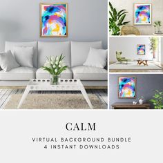 a living room with white furniture and paintings on the wall, along with text that reads calm virtual background bundle 4 instant downloads