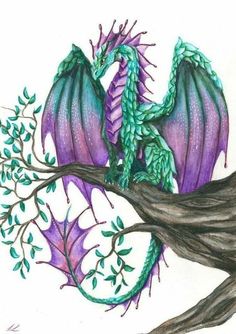 a drawing of a purple dragon sitting on top of a tree branch with green leaves