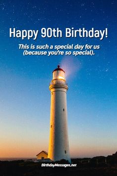 a birthday card with a lighthouse in the sky and stars above it that says, happy 90th birthday this is such a special day for us because you're so special