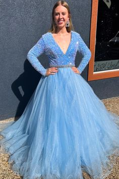 V-Neck Light Blue Sequin Long Sleeves A-Line Prom Dress Tulle Prom Dress With Sleeves, Light Blue Prom Dress, A Line Prom Dress, Blue Dress Formal, Long Sleeve Prom, Long Sleeve Dress Formal, Sequin Evening Dresses, Sequin Appliques, Long Sleeve Evening Dresses