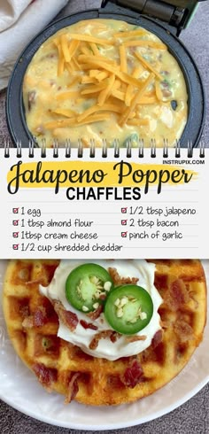 a waffle topped with cheese, bacon and jalapeno peppers on top