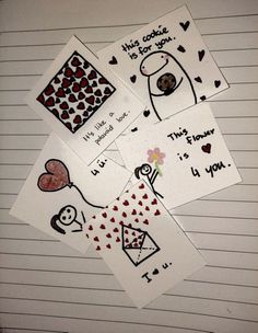 four valentine's day cards on lined paper