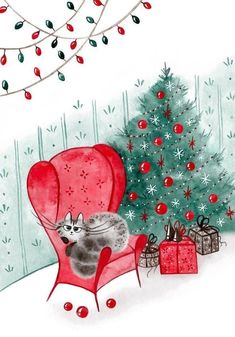 a cat sitting in a red chair next to a christmas tree with presents under it