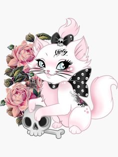 a white cat with pink roses and a skull on it's chest, sitting next to a flower bouquet