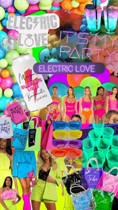 a collage of photos with neon colors and various items in the background, including plastic bags