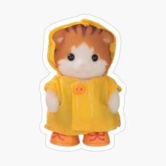 a small stuffed animal wearing a yellow raincoat and orange boots sticker on a white background