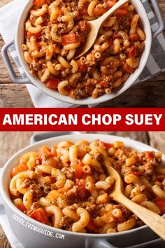 two pictures showing different types of pasta and meat in the same bowl, one with an american chop suey