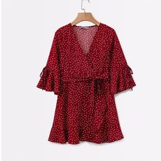 FREE SHIPPING Red Polka Dot Wrap Dress Ruffles JKP1427 Polka Dot V-neck Mini Dress For Vacation, Summer V-neck Ruffle Dress, Polka Dot Flowy V-neck Dress, Flowy Polka Dot V-neck Dresses, Flowy V-neck Polka Dot Dress, V-neck Polka Dot Dress For Brunch, V-neck Polka Dot Mini Dress For Summer, Polka Dot V-neck Dress For Brunch, Polka Dot V-neck Mini Dress For Summer