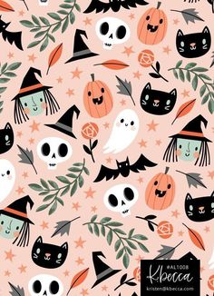 halloween themed wallpaper with cats, bats and pumpkins on pink background by kawaia doo designs