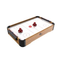 an air hockey table with two red pucks