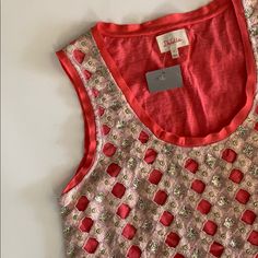 Anthropologie Sequin Embroidered Top Sleeveless Scoop Neck Beautiful Detail All Around And Back As Well New With Tag Size Medium Red Embellished Sleeveless Top, Festive Sleeveless Embellished Top, Festive Embellished Sleeveless Top, Fitted Tank Top For Summer Festivities, Embroidered Cami Top, Mesh Turtleneck, Lace Tube Top, Sequin Tee, Blouse Tank Top