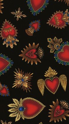 a black background with red and gold hearts, stars, and other decorative items on it