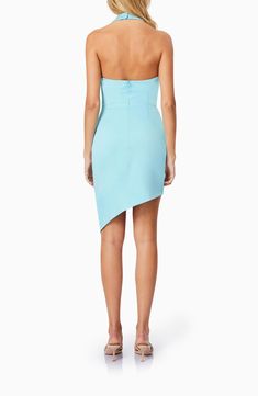 An off-center hemline and a halter neck make an artfully modern statement on this satin cocktail dress that will catch compliments. 33 1/2" to 43" center front length (size Medium) Hidden back-zip closure Halter neck Sleeveless, with cutaway shoulders Lined 97% polyester, 3% spandex Dry clean or hand wash, line dry Imported Summer Cocktail Halter Dress With Asymmetrical Shape, Strapless Satin Halter Dress, Formal Fitted One-shoulder Halter Dress, Evening Fitted Halter One Shoulder Dress, One Shoulder Fitted Halter Evening Dress, One-shoulder Fitted Halter Evening Dress, Fitted Halter Dress With Asymmetrical Hem For Party, Chic Halter Dress With Asymmetrical Hem For Party, Formal Strapless Asymmetrical Dress