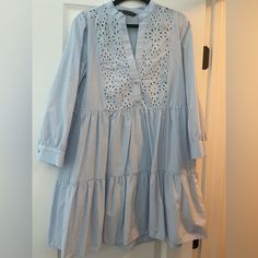 Never Worn, Just Too Small For Me, Baby Blue Xs Zara Dress. Polyester And Cotton Zara Long Sleeve Light Blue Dresses, Zara Blue Cotton Mini Dress, Zara Light Blue Mini Dress For Brunch, Zara Light Blue V-neck Dress, Zara Blue Dresses For Daywear, Xs Dresses, Zara Dress, Zara Dresses, Dresses Xs