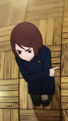 an animated image of a person sitting on a wooden bench with their arms crossed and pointing at something