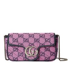 This GG Marmont super mini bag is part of the GG collection Pink diagonal matelassé GG canvas Black leather trim Silver-toned hardware Attached key ring that can attach to a separate bag Double G Chain shoulder strap with 60cm drop Super mini size: W 6.5"/16.5cm x H 3.8"/9.5cm x D 2"/4.5cm Microfibre lining with a suede-like finish Made in Italy Follow us on Insta @runwaycatalog Gg Marmont Super Mini Bag, Gg Marmont Mini Bag, Marmont Super Mini, Gg Collection, Gucci Gg Marmont, Gg Marmont, D 2, Pink Bag, Blue Leather