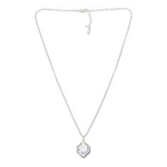 Herkimer Mines "Diamond" Quartz and Gem Hexagon Halo Drop Necklace Elegantly angular and easy to style, this charming necklace's "diamond" quartz dons a twinkling halo of pavé topazes. Make it the heavenly finishing touch to just about any outfit.       Necklace approx. 18"L x 1/16"W with 2" extender     Drop approx. 1"L x 11/16"W     Stamped .925 sterling silver; polished finish      Rolo-link chain with curb-link extender: lobster-claw clasp    Stone Information       All sizes and weights approximate     Herkimer "Diamond" Quartz: Hexagonal; 10.18ctw     Herkimer "Diamond" Quartz: Freeform (3-4mm); N/A ctw     White Topaz: Round; 22ctw Octagon Necklace For Wedding, Elegant White Octagon Necklace, Diamond Cut Octagon Necklace, Elegant Faceted Hexagon Necklace, Elegant Silver Hexagon Necklace, Elegant Hexagon Faceted Necklace, Hexagon Halo, Diamond Quartz, Color Bands