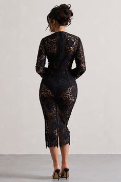 Evening Knee-length Midi Dress With Scalloped Lace, Formal Midi Dress With Scalloped Lace, Formal Scalloped Lace Midi Dress, Long Sleeve Bodycon Lace Dress For Party, Bodycon Long Sleeve Lace Dress For Party, Evening Lace Bodycon Midi Dress, Long Sleeve Scalloped Lace Evening Dress, Formal Long Sleeve Lace Dress With Scalloped Lace, Formal Lace Bodycon Midi Dress