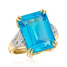 Ross-Simons - 13.00ct Swiss Blue Topaz Ring, .13ct t. w. Diamonds in 18kt Yellow Gold. Size 9. Every eye will be on you when you don this incredible ring. An absolutely stunning 13.00 carat emerald-cut Swiss blue topaz is sided by the sparkle of .13 ct. t. w. round brilliant-cut diamonds. Luxuriously crafted in 18kt yellow gold. 5/8" wide. Diamond and Swiss blue topaz ring. Blue Topaz birthstones are the perfect gift for December birthdays. Formal Diamond Birthstone Ring With Gemstone Accents, Fine Jewelry Yellow Gold Topaz Ring With Diamond Accents, Blue Diamond Ring With Diamond Accents Emerald Cut, Blue Emerald Cut Diamond Ring With Diamond Accents, Blue Emerald Cut Diamond Ring With Accents, Formal Turquoise Rings With Gemstone Accents, Classic Blue Topaz Ring With Diamond Accents, Classic Topaz Ring With Diamond And Gemstone Accents, Yellow Gold Diamond Cut Blue Topaz Ring