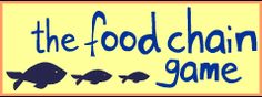 the logo for the food chain game is shown in blue and orange colors with fish on it