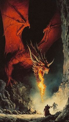 a man standing next to a fire breathing dragon