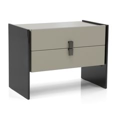 a white and black cabinet with two drawers on it's sides, against a white background