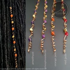 FOR SISTERLOCKS™ OR MICROLOCS SIZE LOCS ONLY Bright colours, hair wraps, braid bead, gemstone loc jewelry, pack of 1, gold plated beads, will fit Sisterlocks or microlocs These beautiful gemstone hair wraps come in many Grade A gemstones, these are genuine gemstones NOT acrylic beads! Just hold the spiral loc jewel at the top and wrap your hair gently around the spiral. Details * Brass wire * Gemstones- 19 different colours to choose from. * Length approx. 11cm * Qty ONE - SOLD INDIVIDUALLY - (Y Diy Hair Jewelry For Locs, Sisterlock Hair Jewelry, Bead Hair Wrap, Hair Accessories For Locs, Loc Hair Accessories, Locs Beads, Diy Loc Jewelry, Loc Art, Locs Jewelry