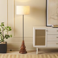 a living room with a lamp on the floor and a potted plant next to it