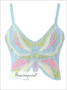 a crocheted top with a butterfly pattern on the front and back, in pastel colors