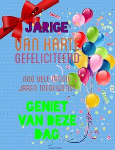 a birthday card with balloons and streamers in the air, on a blue background