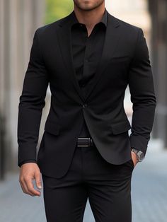 Suits Men All Black, Black Suit For Wedding Groom Attire, Black Fitted Suits For Men, Black Best Man Suit, Best Men Suits Style, Mens Suits Black Classy, Mens Wedding Suits Black Groom Attire, Men’s Suits Black, All Black Wedding Groom