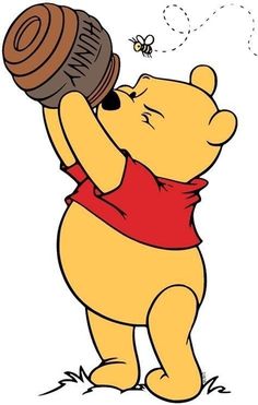 a winnie the pooh bear holding a honey pot with bees flying around it's back