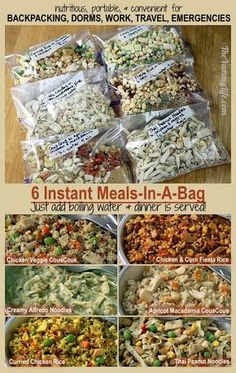 six instant meals in - a - bag are packed and ready to be eaten