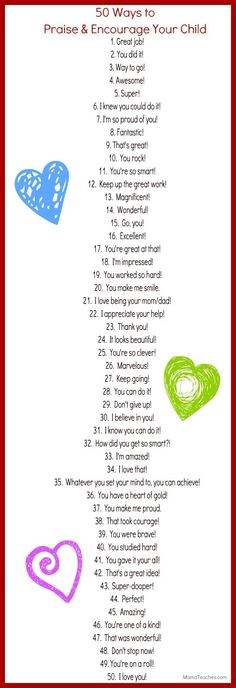 a poem with hearts on it that says 50 ways to praise and entict your child