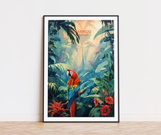 a poster with a parrot in the middle of some tropical plants and flowers on it