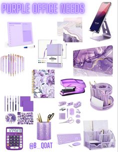 purple office supplies are arranged on a white background with the words'purple office needs '