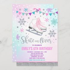 an ice skating birthday party with pink and blue snowflakes on the front, silver glitter