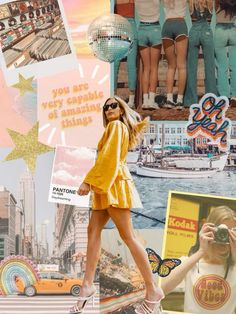 the collage has many different pictures and words on it, including an image of a woman in yellow