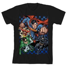 Show off your favorite superheroes with this youth black graphic tee. The Superman, The Flash, Batman, and Green Lantern tee features a big, colorful graphic that has been professionally printed to ensure long-lasting print quality. The Justice League fan apparel tee shirt is black, and has short sleeves for comfort and style in any weather. The DC Comics superhero apparel is made of 100percent preshrunk cotton jersey. It can be machine washed in cold water with like colors, then tumble dried fo Black T-shirt With Graphic Print For Comic-con, Black Pop Culture T-shirt For Comic-con, Superhero Graphic T-shirt For Fans, Black T-shirt For Comic-con, Black Graphic T-shirt For Comic-con, Black Graphic Print T-shirt For Comic-con, Black T-shirt For Comic-con Fan Gear, Black T-shirt For Comic-con Fan Merchandise, Pop Culture Black T-shirt For Fan Merchandise